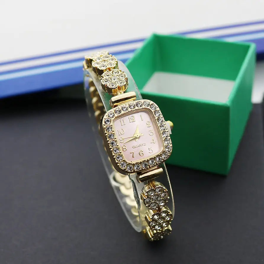 JewelSquare Luxe Watch with Diamond-Encrusted Stainless Steel Case - Square Gold Powder