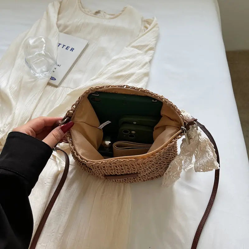 Khaki and Creamy-White Straw Vertical Square Suitcase Bag