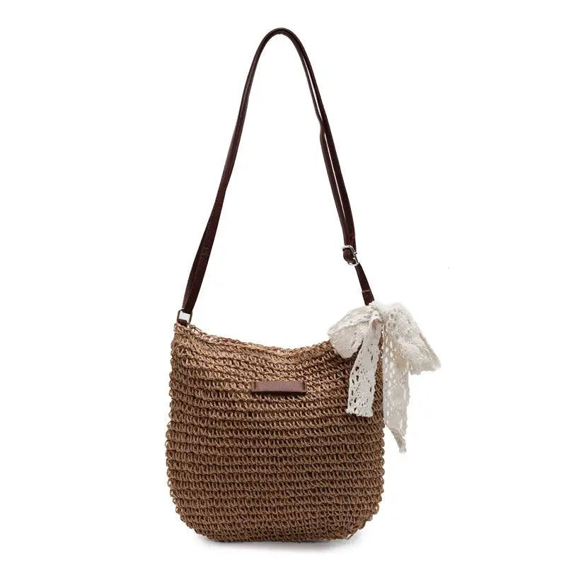 Khaki and Creamy-White Straw Vertical Square Suitcase Bag
