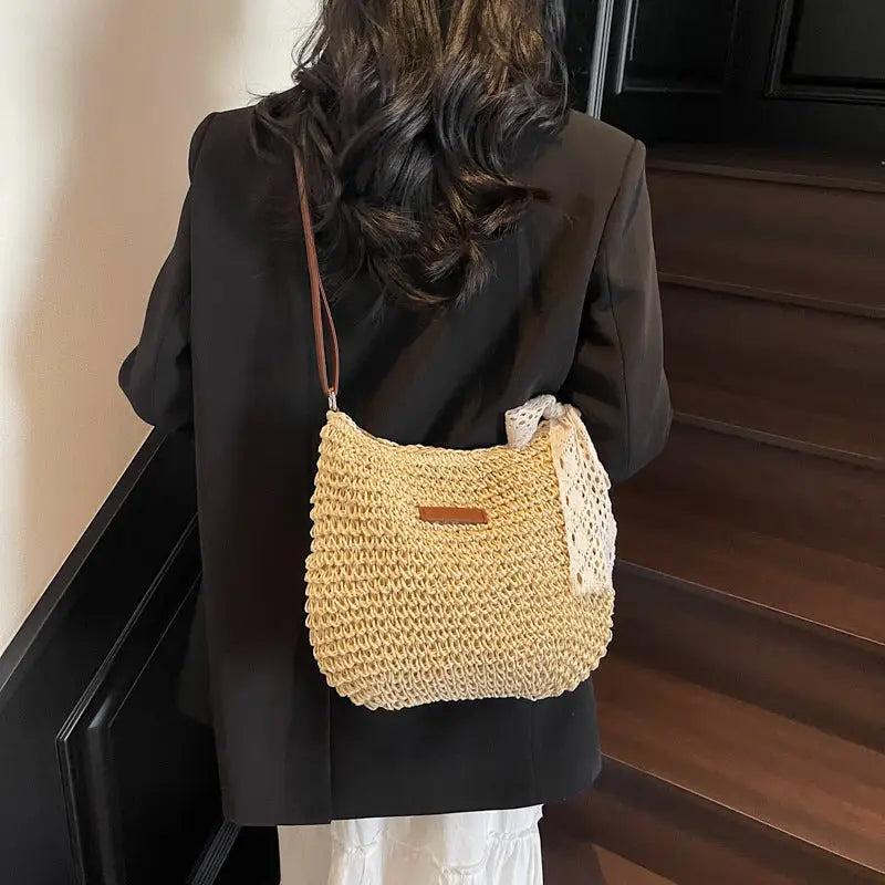 Khaki and Creamy-White Straw Vertical Square Suitcase Bag