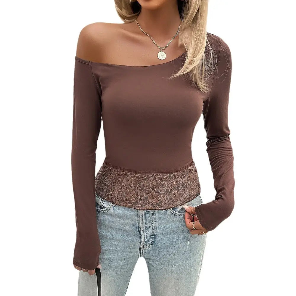 Brown off-the-shoulder long-sleeve top.