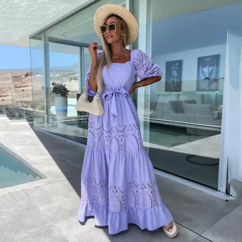 Lace Charm: Waist-Controlled Casual Dress for Women - Lavender Purple / S