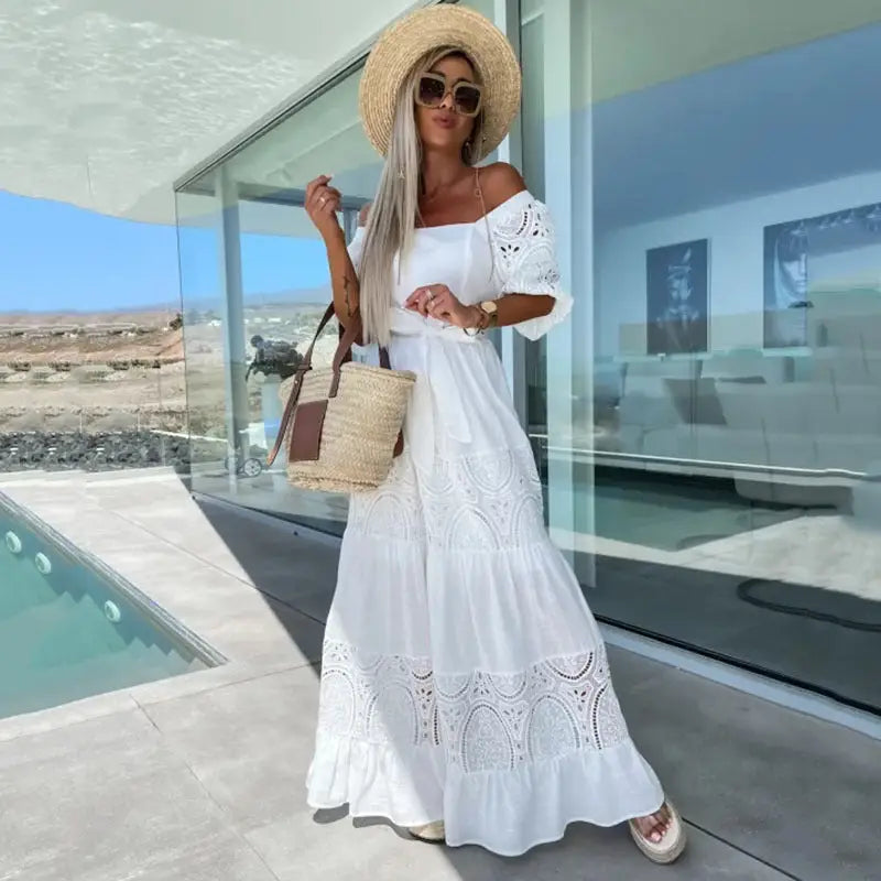 Lace Charm: Waist-Controlled Casual Dress for Women - Milky White / S