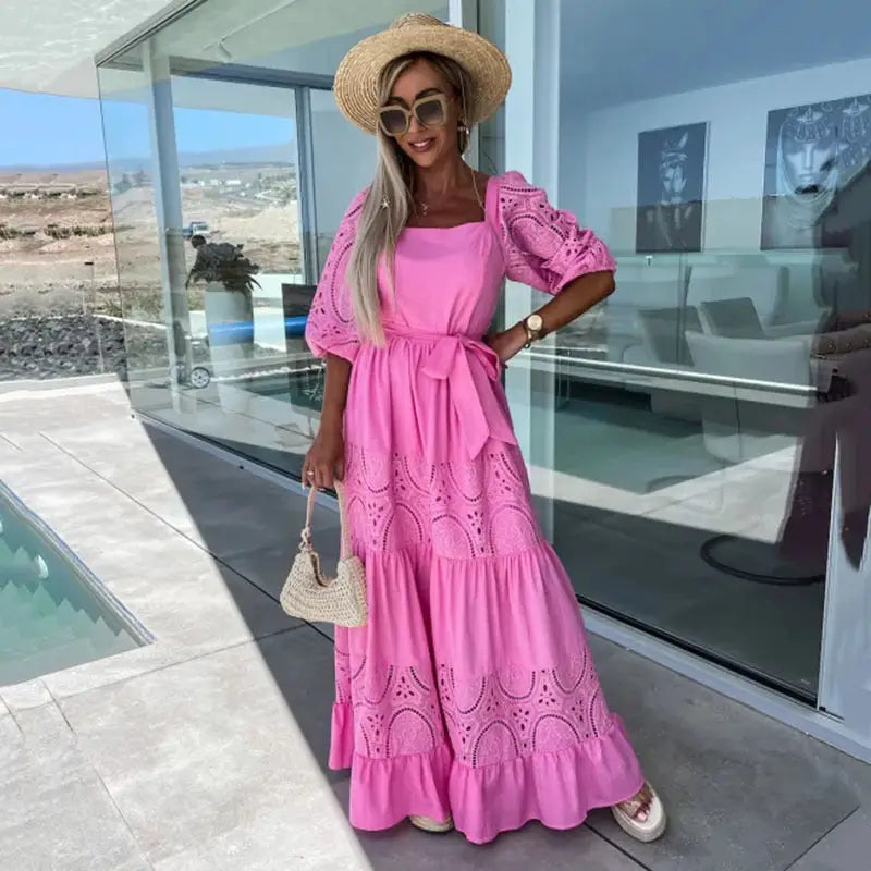 Lace Charm: Waist-Controlled Casual Dress for Women - Pink / S