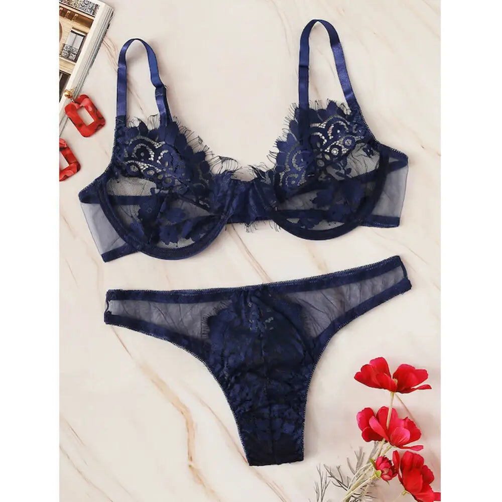 Lace comfortable underwear ladies bra set - Blue / L
