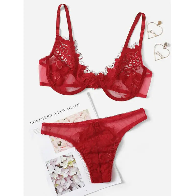 Lace comfortable underwear ladies bra set - Red / M