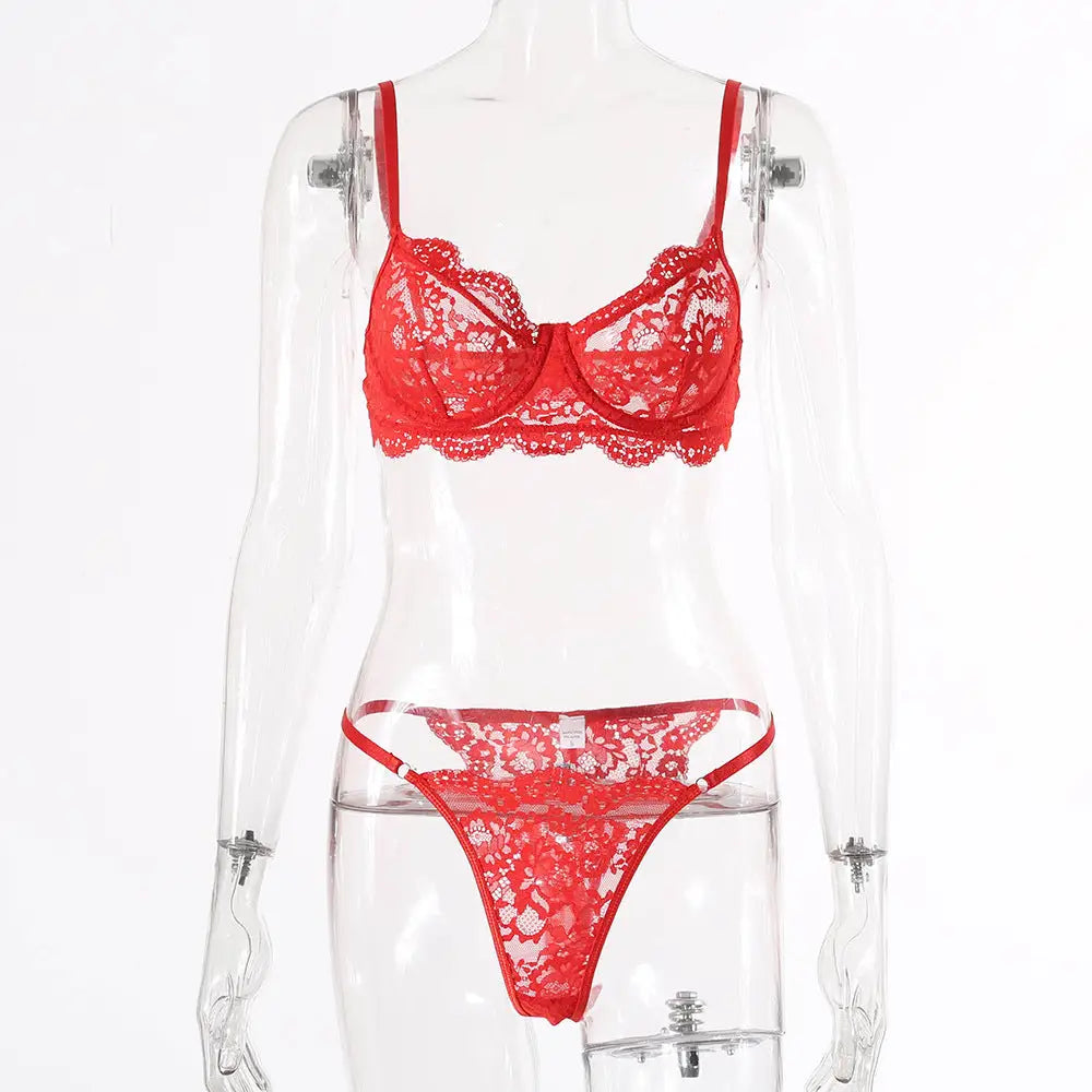 Lace Edge See-through European And American Sexy Underwear Suit - Bright Red / S