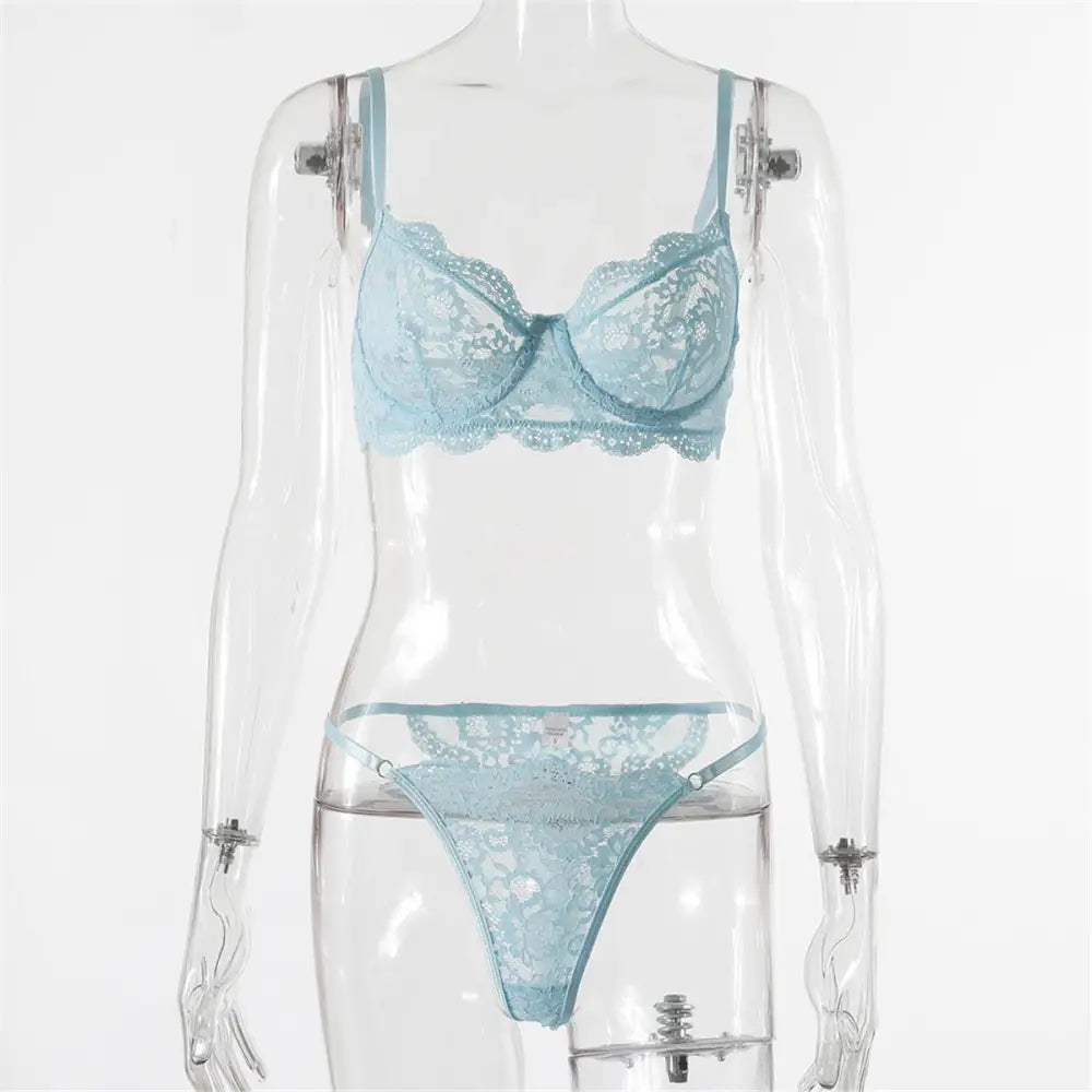 Lace Edge See-through European And American Sexy Underwear Suit - Light Blue / S
