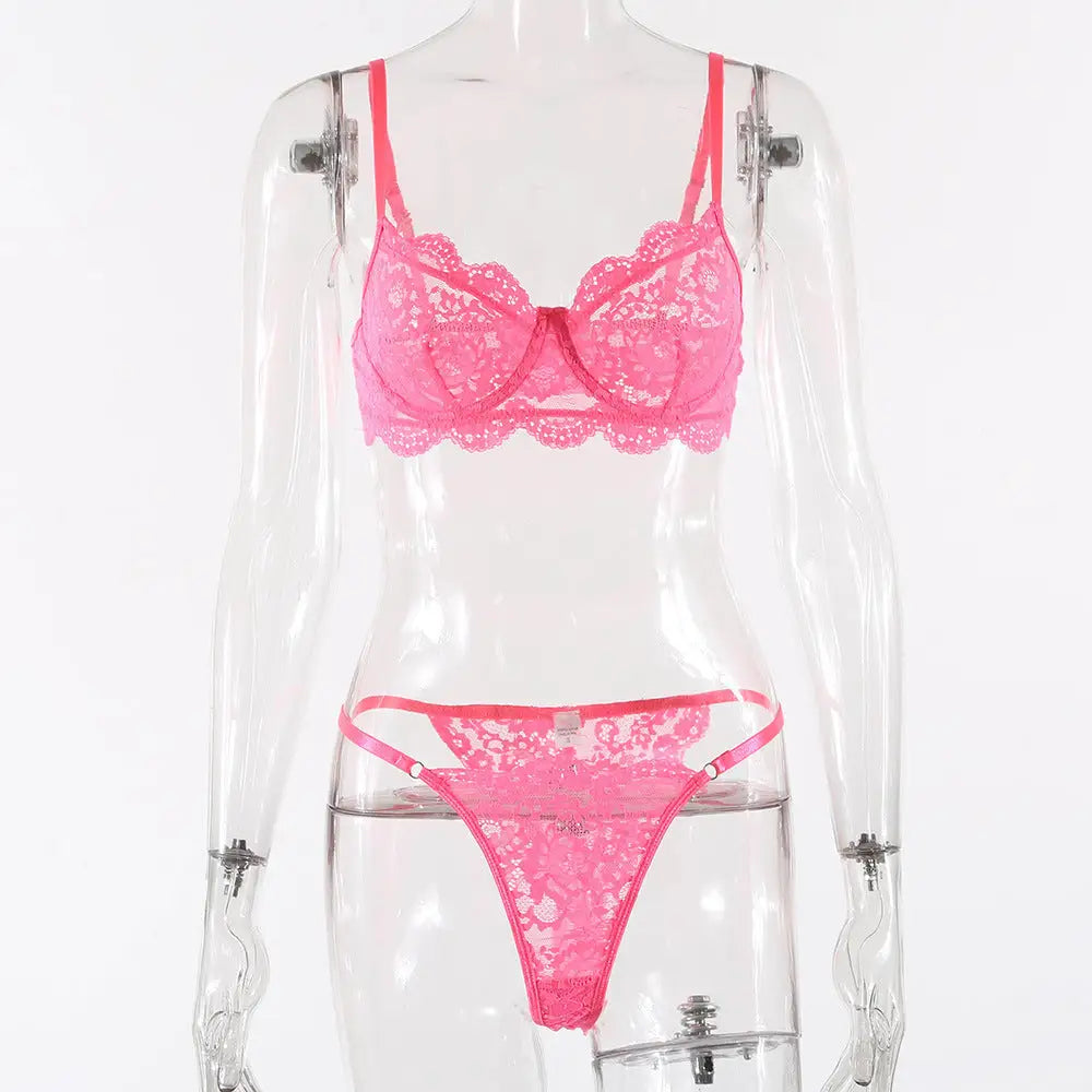Lace Edge See-through European And American Sexy Underwear Suit - Rose Pink / S