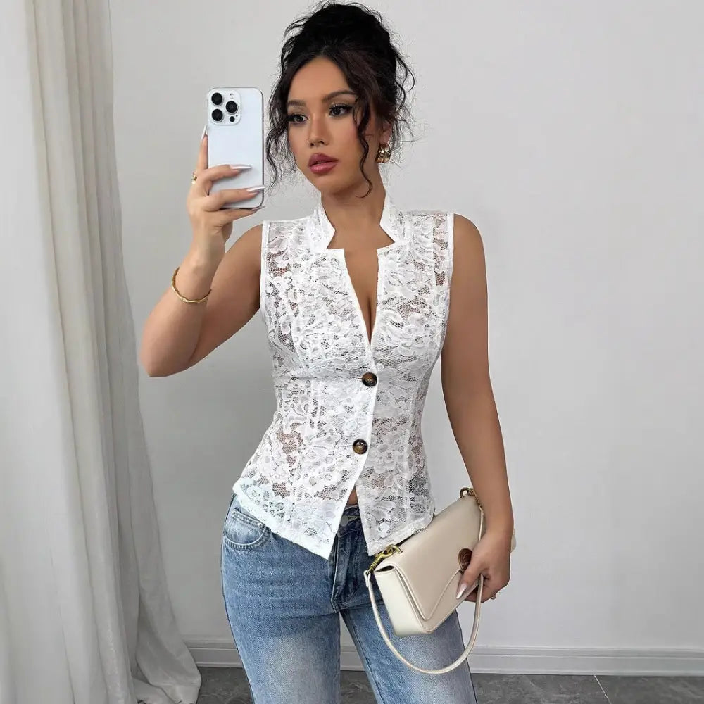 Lace Lapel Hollow Chest Cardigan
