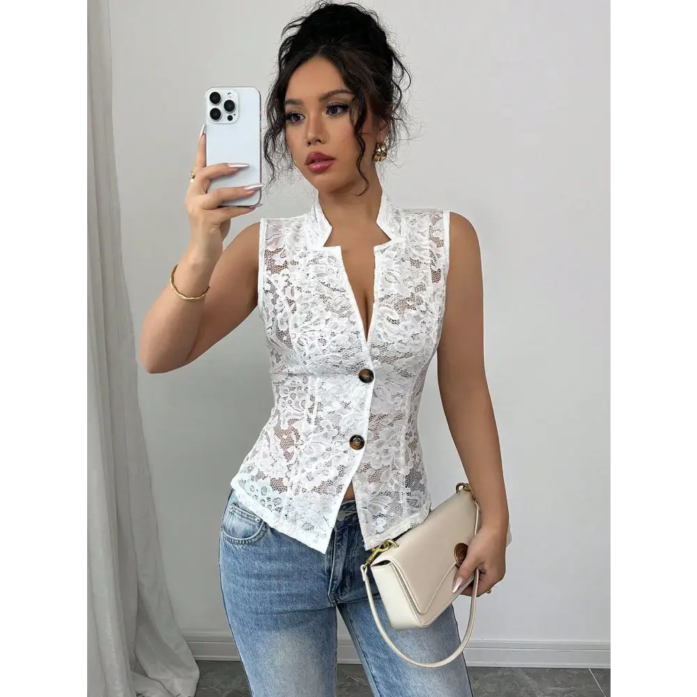 Lace Lapel Hollow Chest Cardigan - White / S