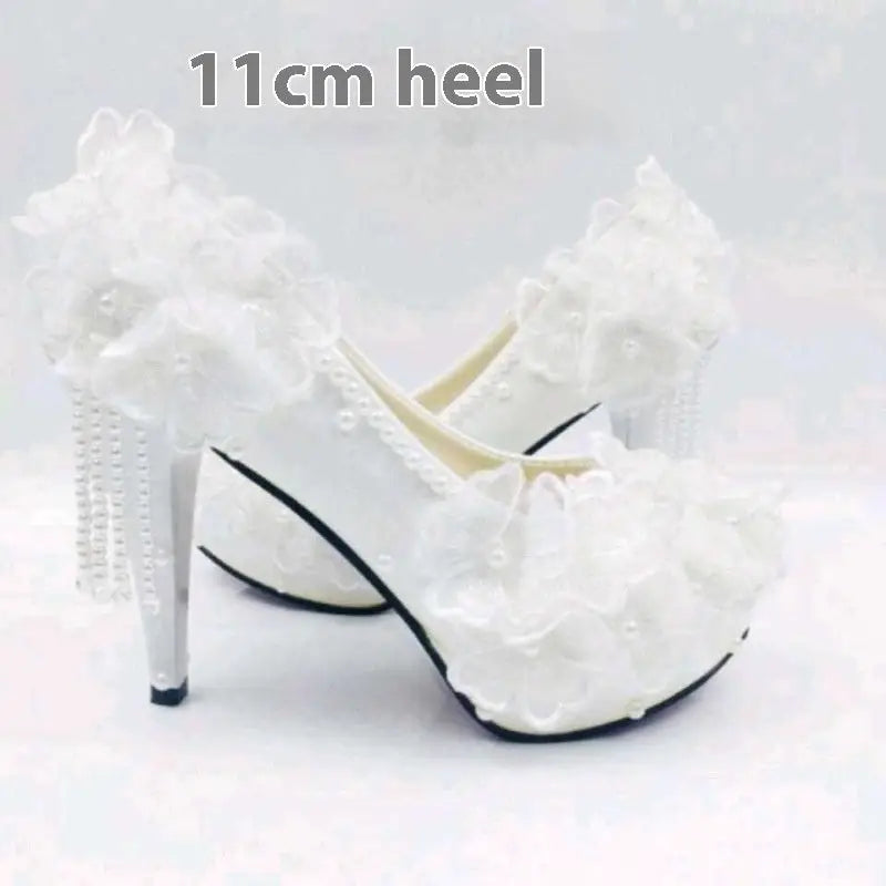 Lace Petal Bridal Heels for Her - 11cm Heel White / 34