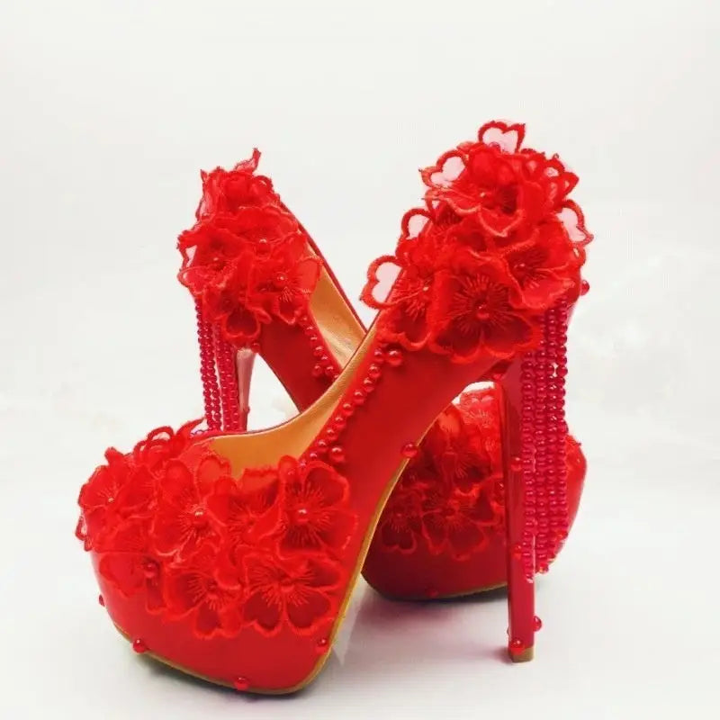Lace Petal Bridal Heels for Her - 14cm Heel Red / 34