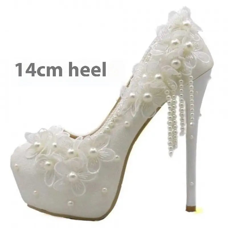 Lace Petal Bridal Heels for Her - 14cm Heel White / 34