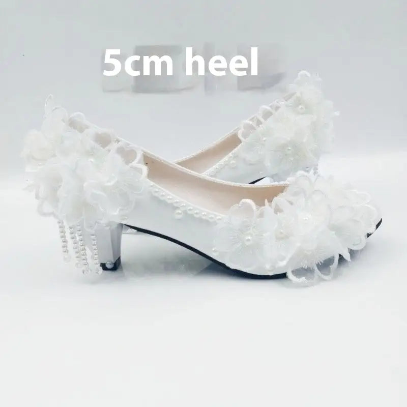 Lace Petal Bridal Heels for Her - 5cm Heel White / 34