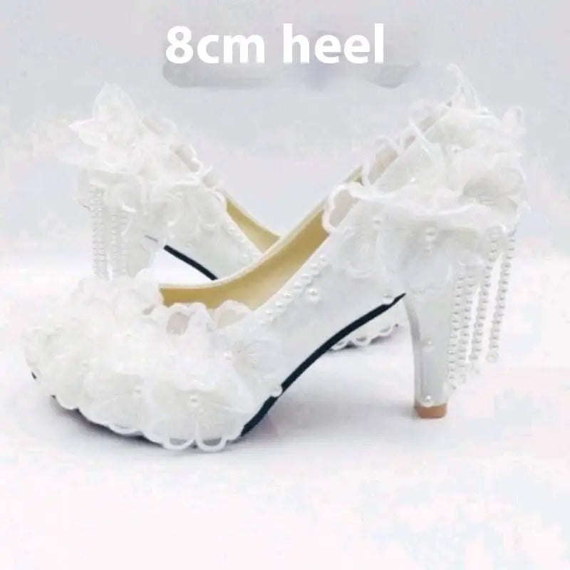 Lace Petal Bridal Heels for Her - 8cm Heel White / 34