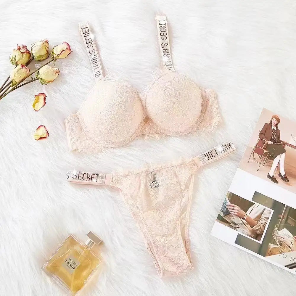 Lace Rhinestone Bra Underwear Suit - Pink / 75B