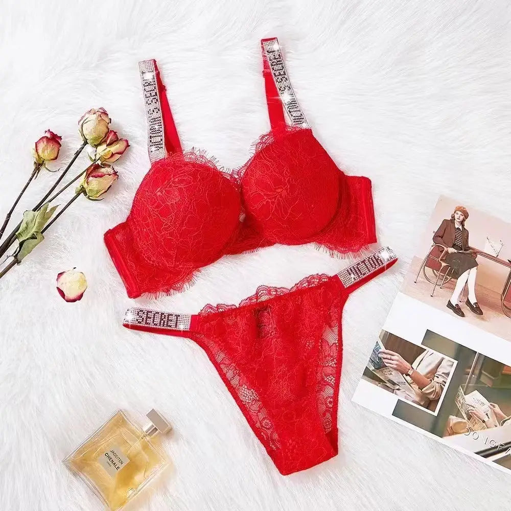 Lace Rhinestone Bra Underwear Suit - Red / 75B
