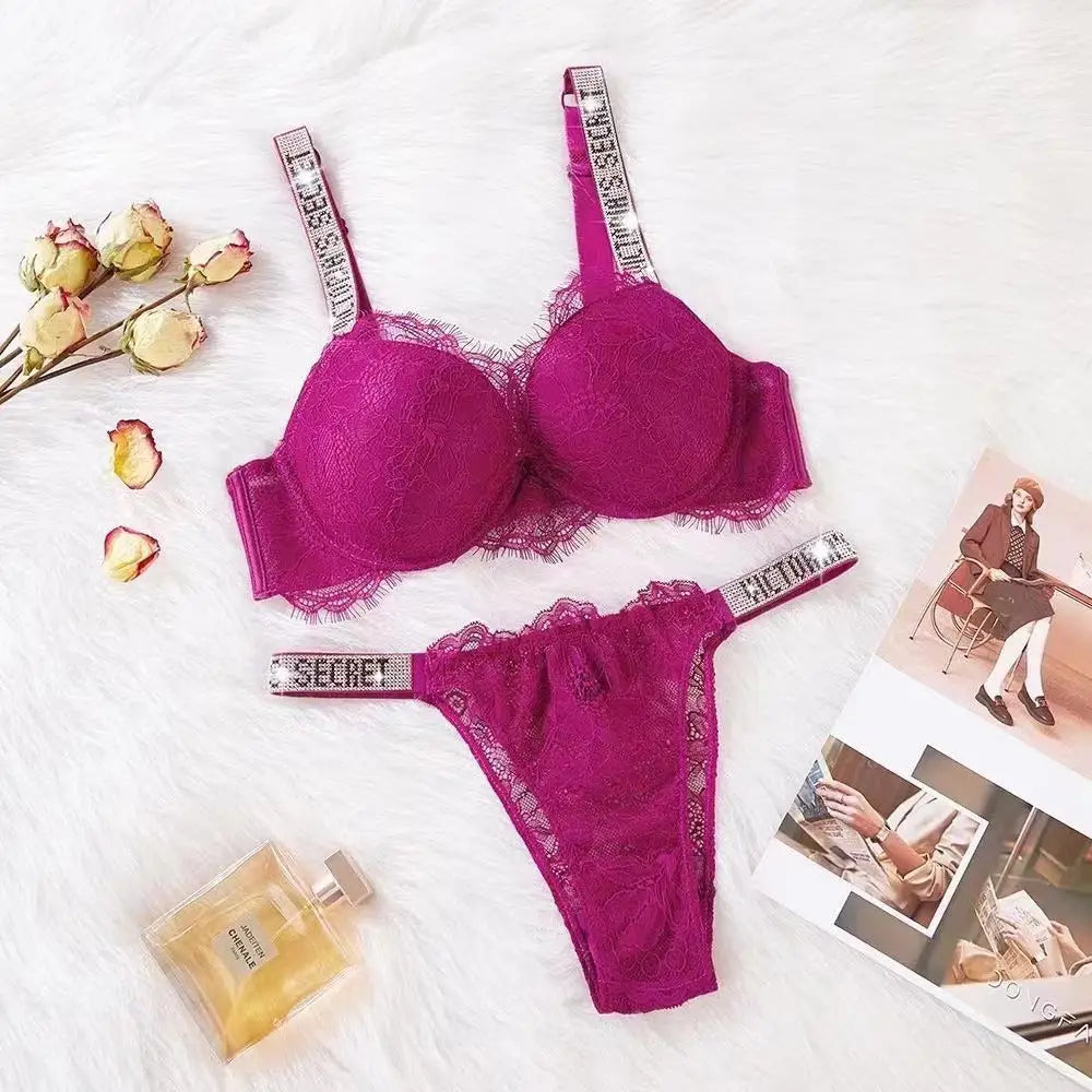 Lace Rhinestone Bra Underwear Suit - Rose Red / 75B