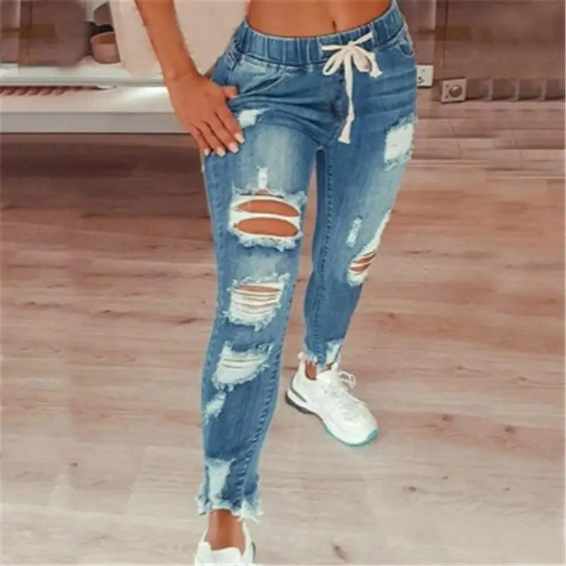 Lace-Up Denim Slim-Fit Trousers - Light Blue / S