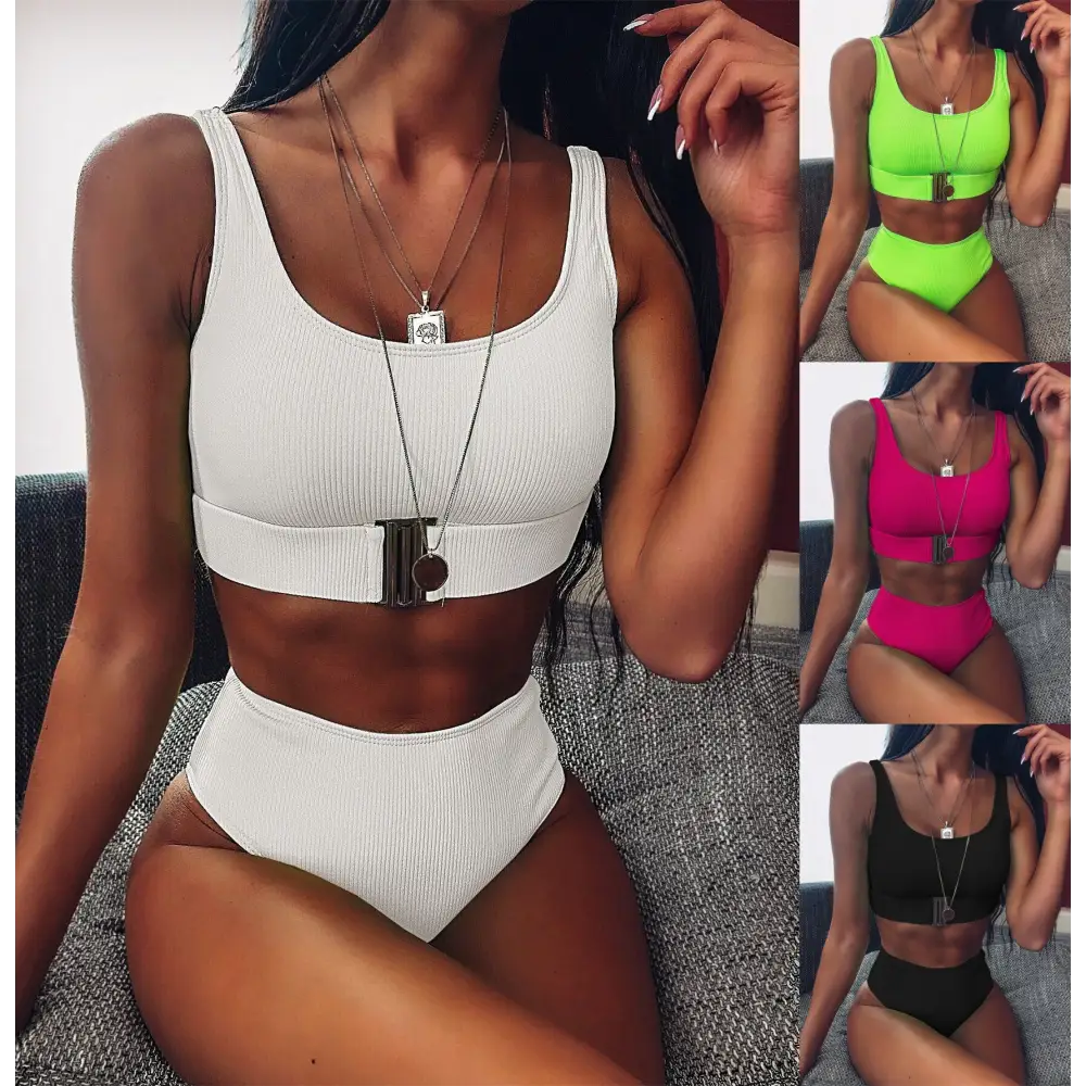 Ladies high waist solid color bikini