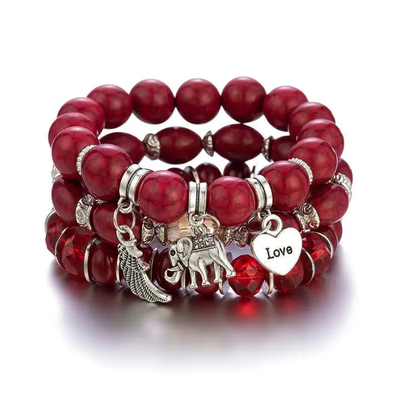 Layered Wood Bead Bracelet - B0005 Red