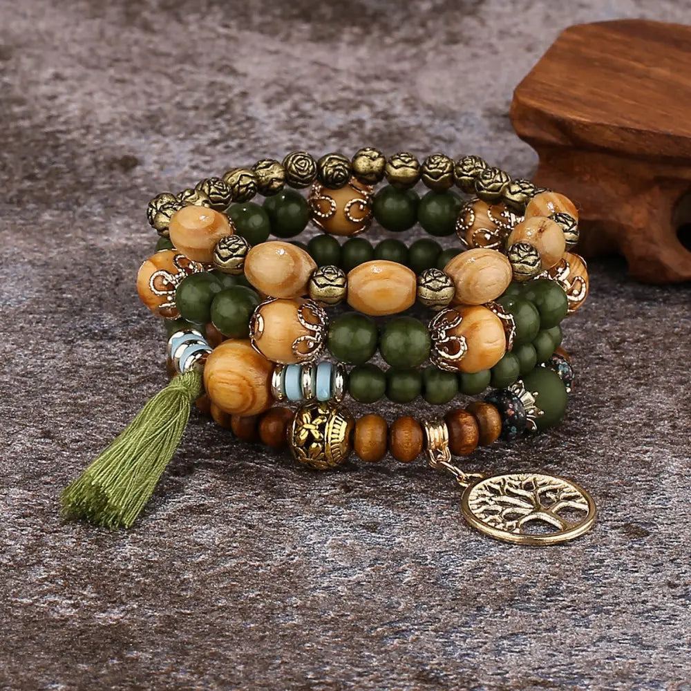 Layered Wood Bead Bracelet - B0010 Army Green