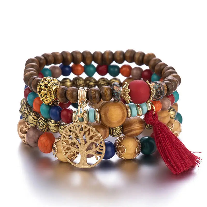 Layered Wood Bead Bracelet - B0010 Dark Mix