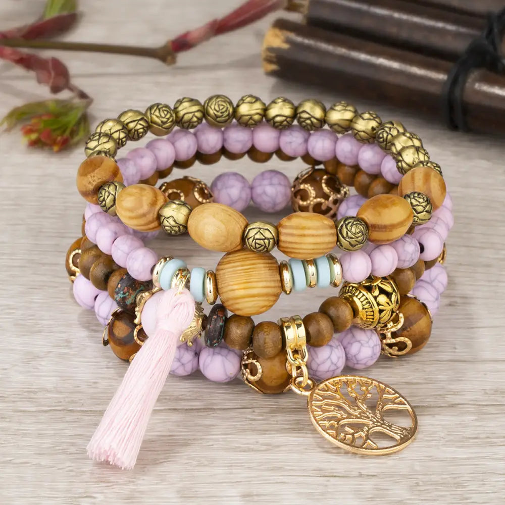 Layered Wood Bead Bracelet - B0010 Purple