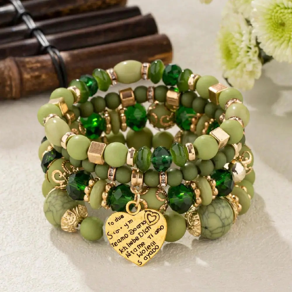 Layered Wood Bead Bracelet - B0013 Army Green