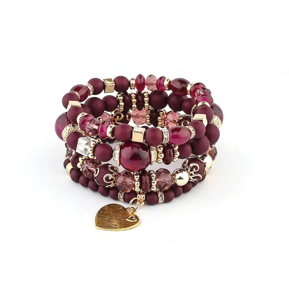 Layered Wood Bead Bracelet - B0013 Red And Purple