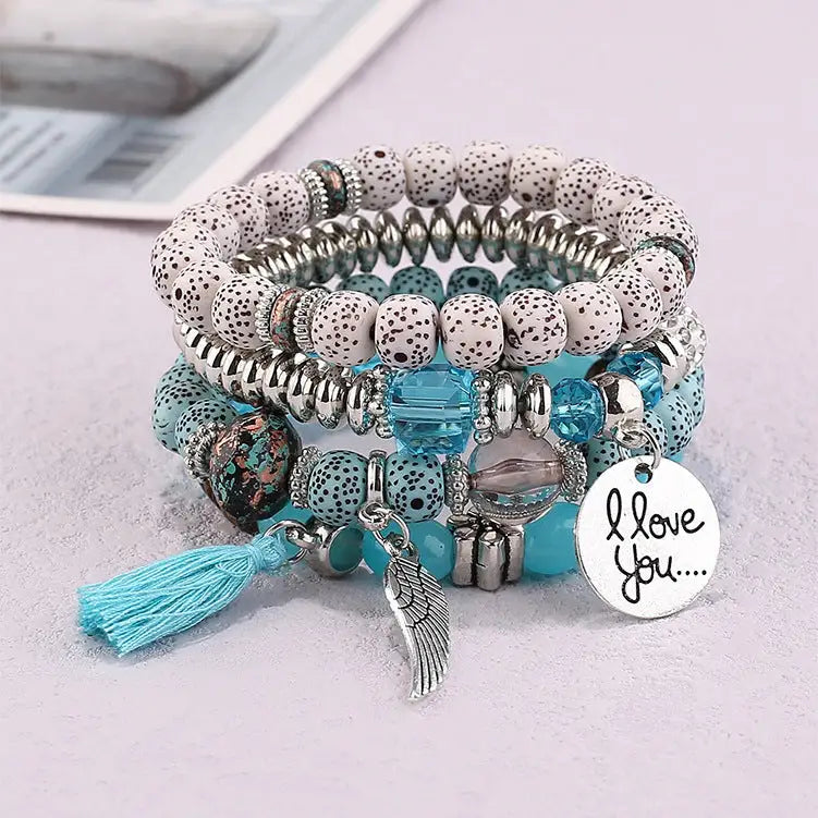 Layered Wood Bead Bracelet - B0038 Light Blue