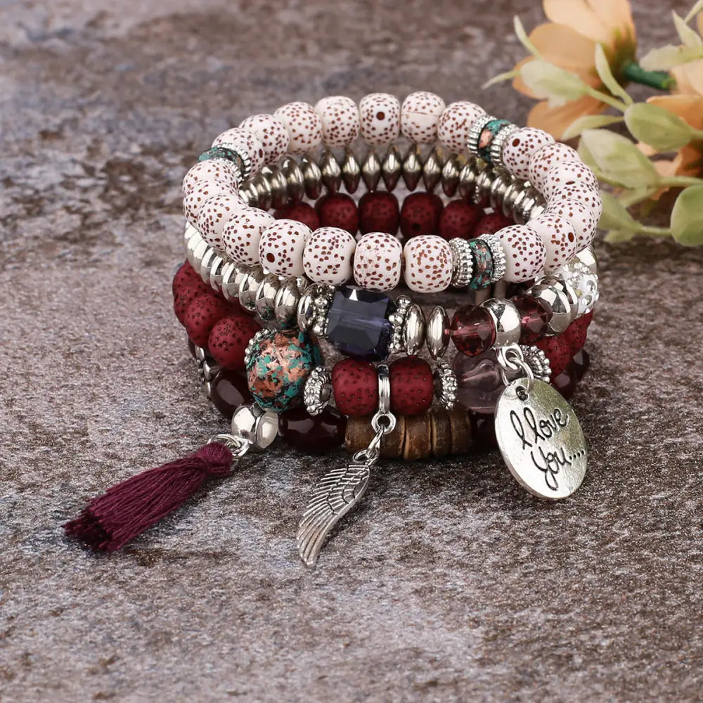 Layered Wood Bead Bracelet - B0038 Red And Purple
