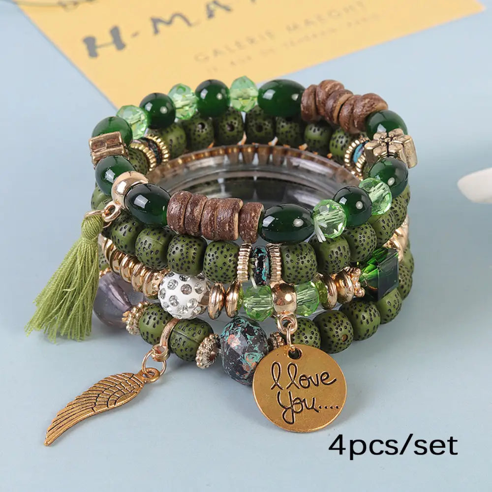 Layered Wood Bead Bracelet - B1038 Army Green