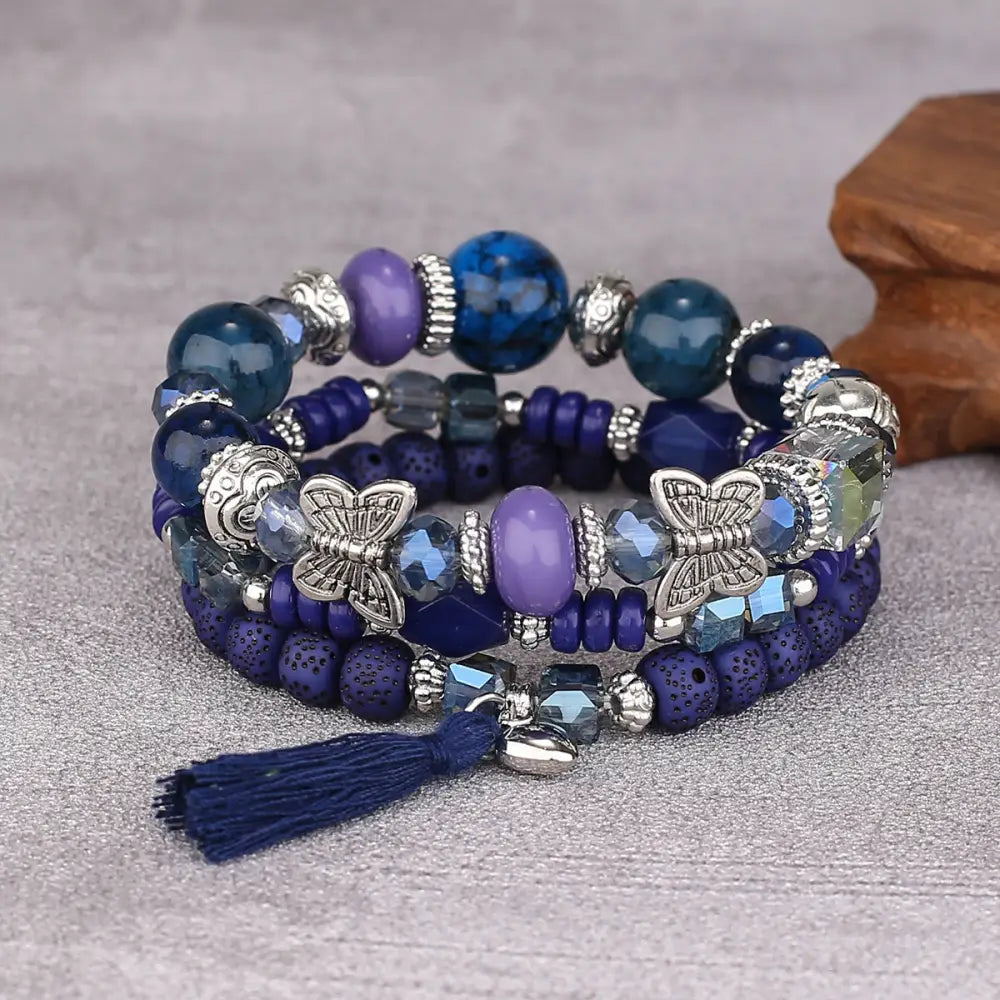 Layered Wood Bead Bracelet - B104 Blue Black