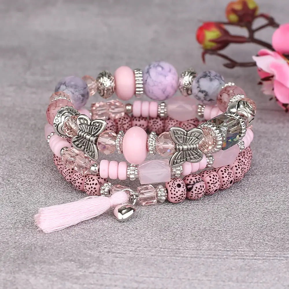 Layered Wood Bead Bracelet - B104 Pink