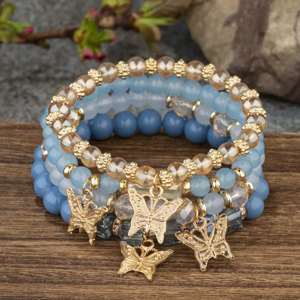Layered Wood Bead Bracelet - B138 Blue Black