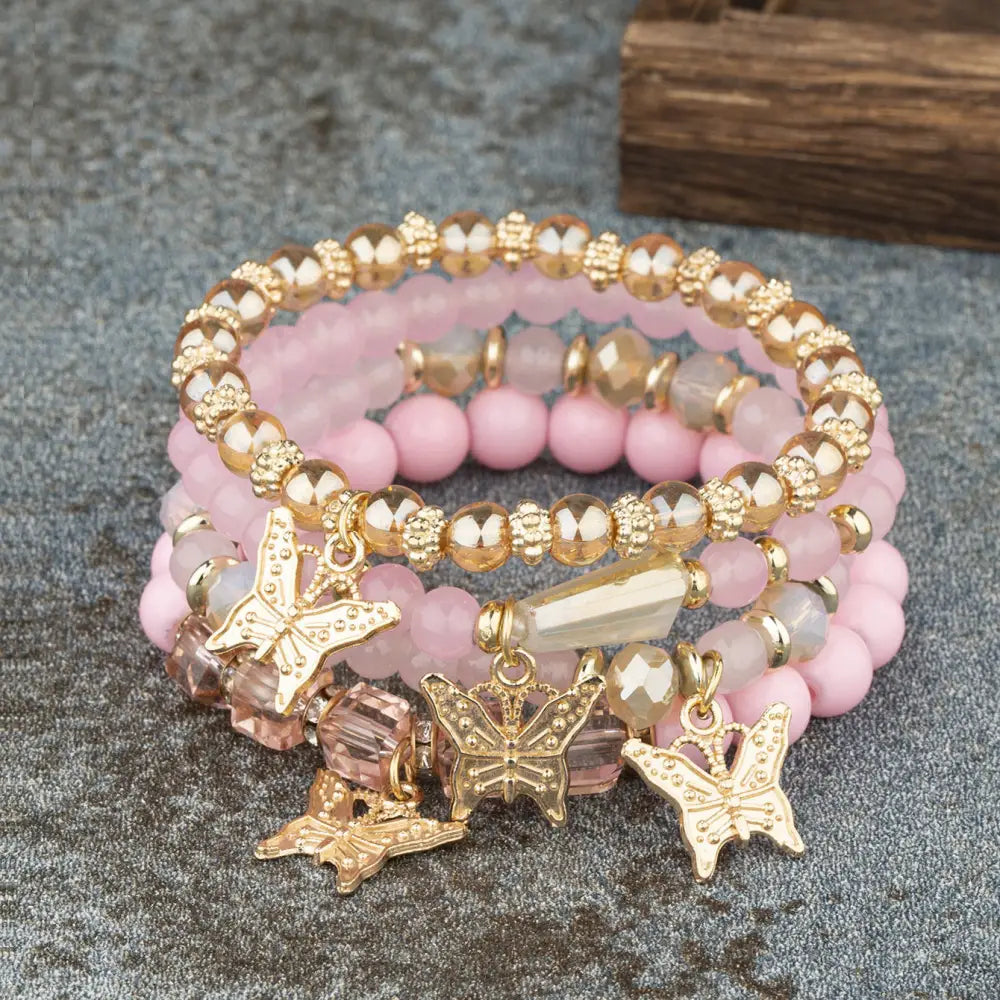 Layered Wood Bead Bracelet - B138 Pink