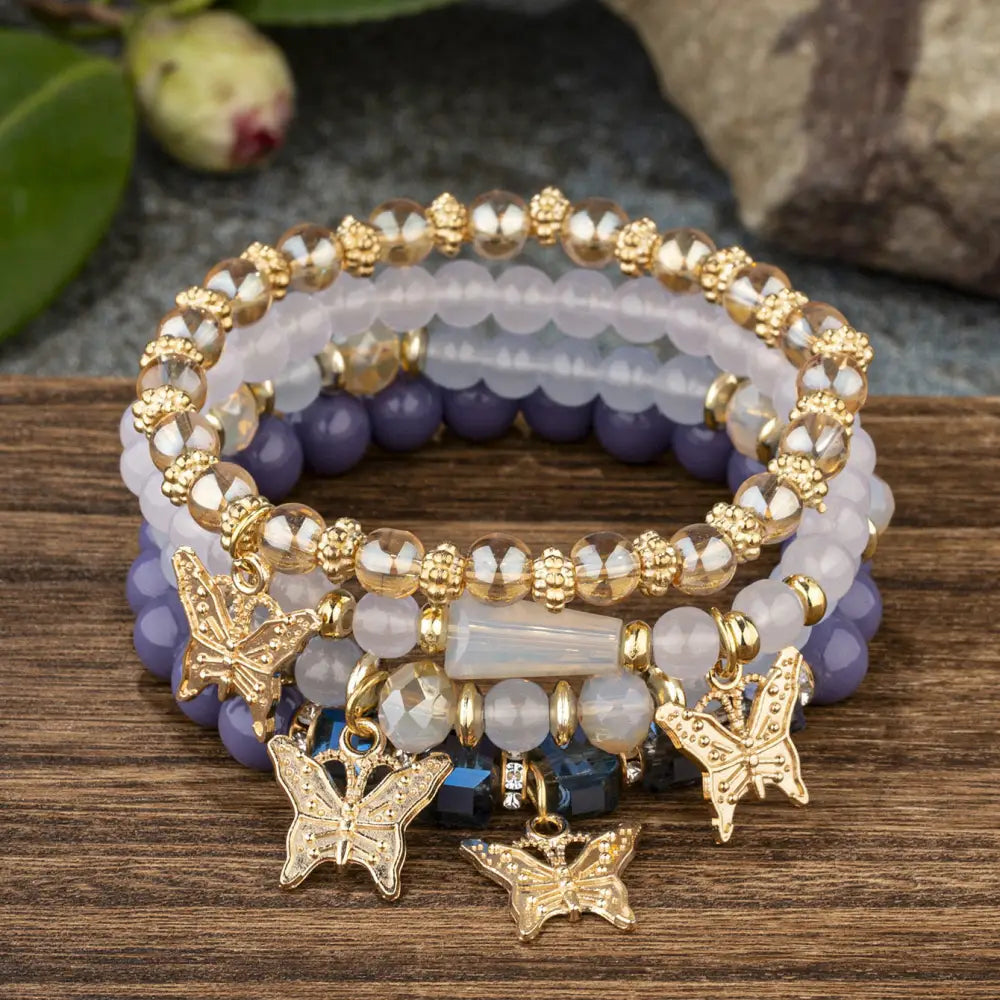 Layered Wood Bead Bracelet - B138 Purple