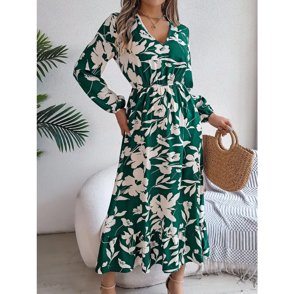 Leisure Flower Waist-controlled Long Sleeves Ruffled Dress - Green / S