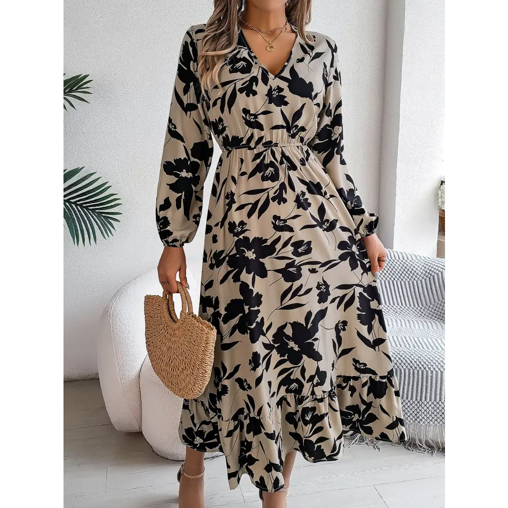 Leisure Flower Waist-controlled Long Sleeves Ruffled Dress - Khaki / S