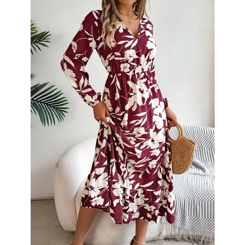 Leisure Flower Waist-controlled Long Sleeves Ruffled Dress - Wine Red / S