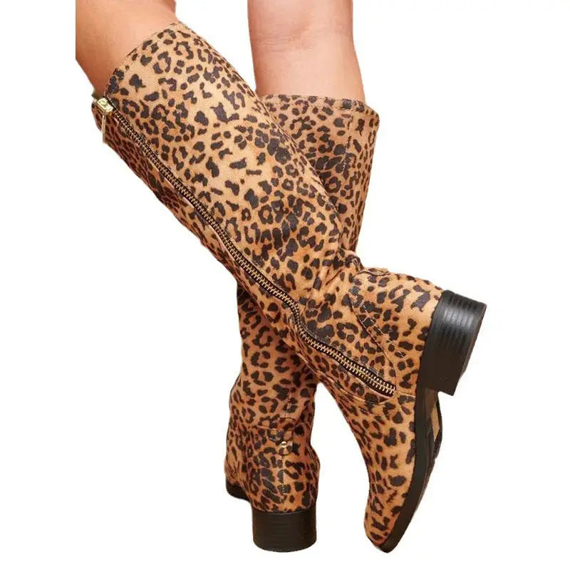 Leopard Print Cotton Chunky Heel Shoes with Rubber Sole
