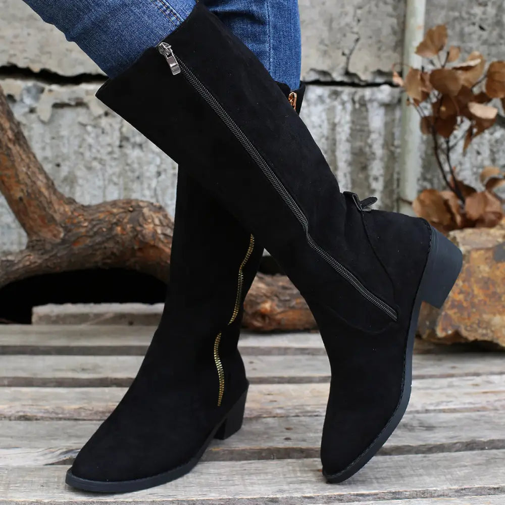 Leopard Print Cotton Chunky Heel Shoes with Rubber Sole