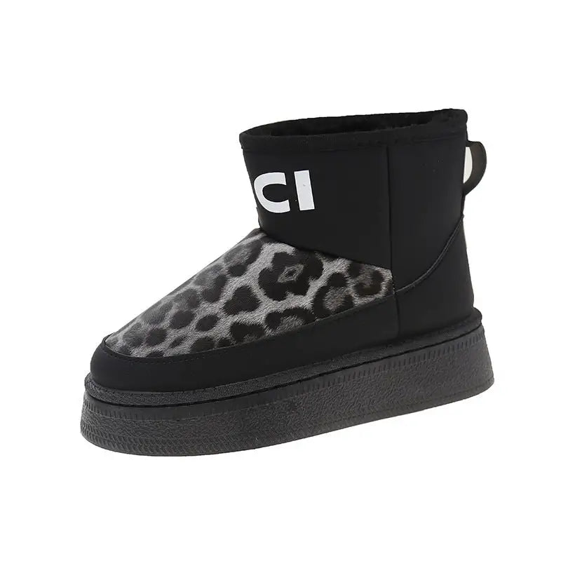 Leopard Print Low Top Artificial Wool Flat Heel Shoes - Black / 35