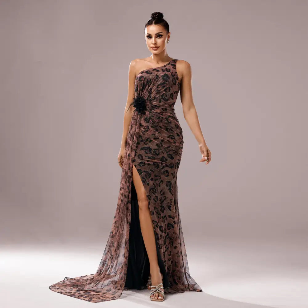 Leopard Print Sequin Hip Skirt in Solid Color Polyester