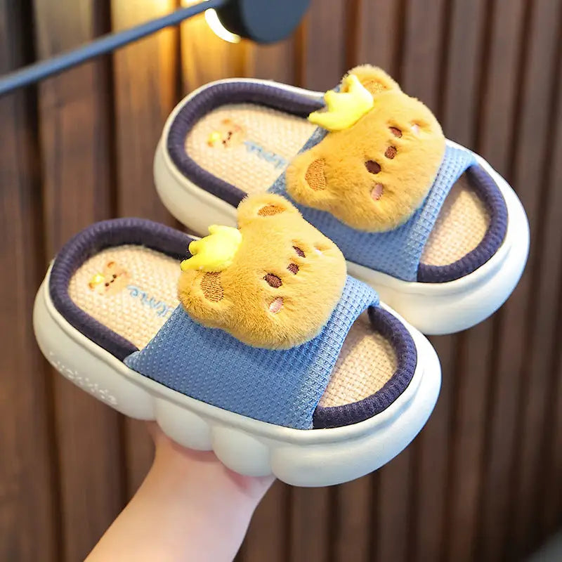 Linen Baby Slippers - Blue Bear / 24 Size 25