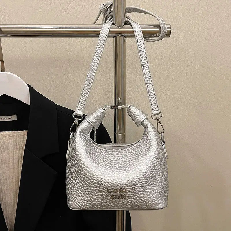 Litchi Luxe: Chic Commuter Messenger Bag - Silver Without Pendant