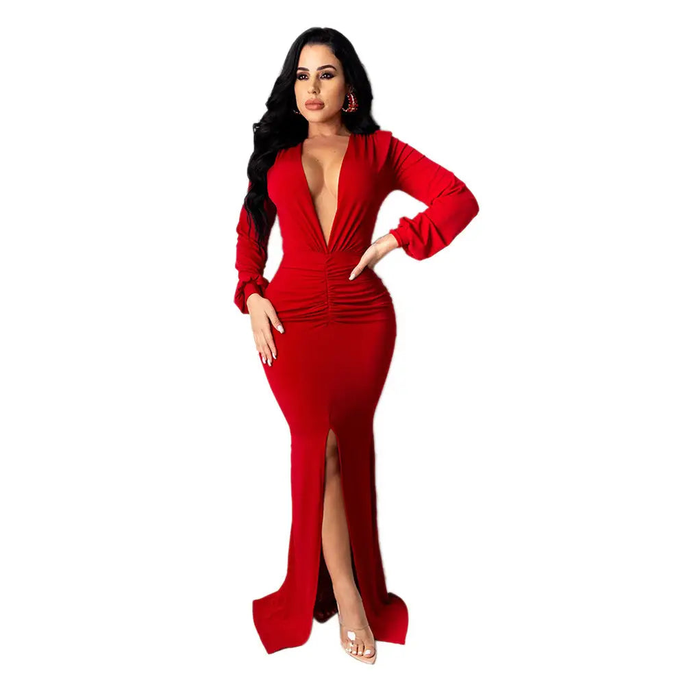 Long Sleeve High Waist Dress in Multiple Colors Polyester Fabric - Red / S