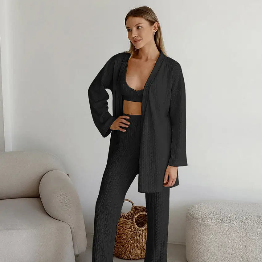 Long Sleeve Knitted Thermal Pajamas Loose Trousers Underwear Three-piece Set - Black / S